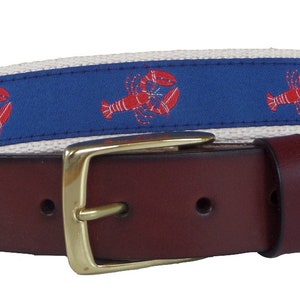Lobster Leather Belt / Leather Belt / Nautical Belt / Preppy Webbing Belt Men, Women and Children/Lobster Ribbon on Natural Webbing