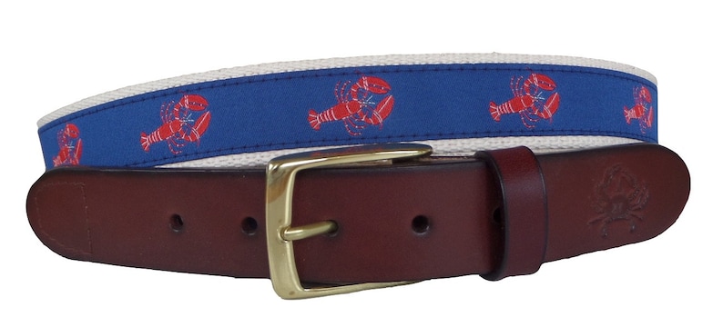 Lobster Leather Belt / Leather Belt / Nautical Belt / Preppy Webbing Belt Men, Women and Children/Lobster Ribbon on Natural Webbing image 1