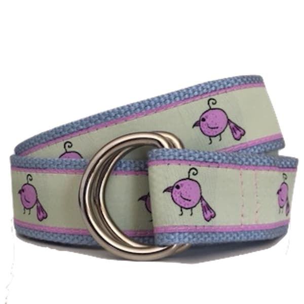 Pink Mia Bird Ribbon Belt/ Woman's D-Ring Belt/ Men's D-Ring Belt/ Canvas Belt/ Preppy Belt/ Cloth Belt/Pink Mia Bird D-Ring Belt