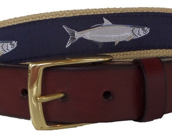 Tarpon Fish Leather Belt /Leather Belt /Canvas Belt /Preppy Belt for Men, /Tarpon Fish on Khaki Webbing Leather Style Belt