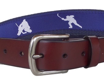 Hockey Leather Belt / Leather Belt / Canvas Belt / Preppy Webbing Belt/ Hockey Player on Navy Ribbon