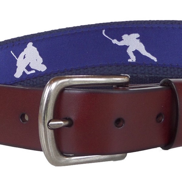 Hockey Leather Belt / Leather Belt / Canvas Belt / Preppy Webbing Belt/ Hockey Player on Navy Ribbon