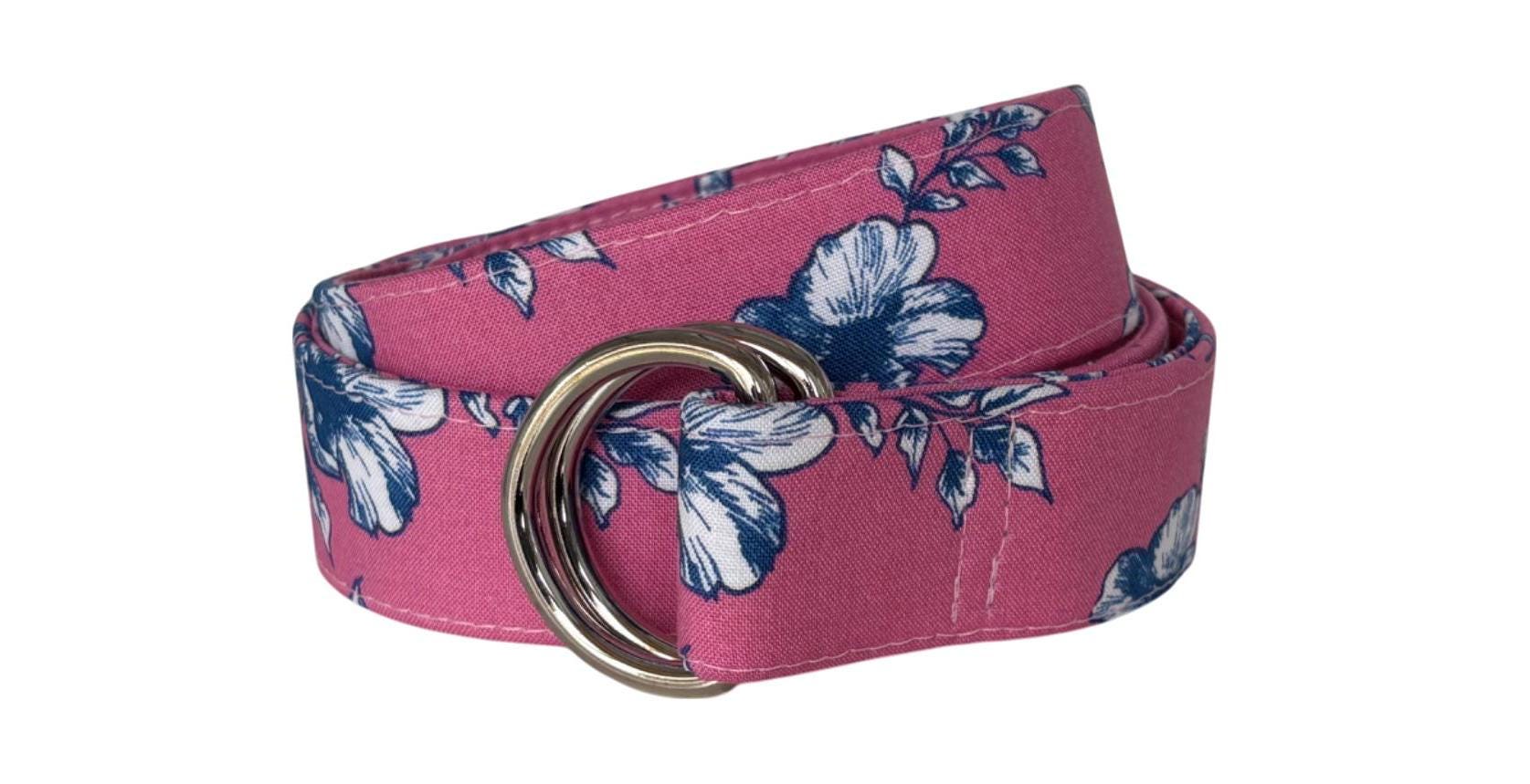 Blue Flower on Rose Pink Fabric D-ring Style Belt, Spring  display picture 1