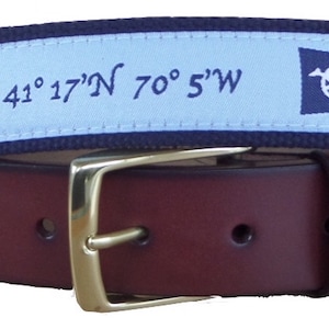 Nantucket Island Nautical Belt / Leather Belt / Canvas Belt / Preppy Webbing Belt / Nantucket Island Flag Ribbon