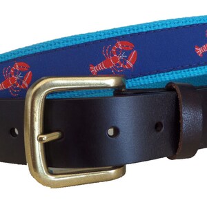 Lobster Leather Belt / Leather Belt / Canvas Belt / Preppy Webbing Belt for Men, Women and Children/Red Lobster on Navy