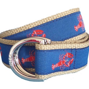 Nautical Lobster D-Ring Belt, Red Lobster Ribbon on Khaki Webbing, Adjustable Belt, Preppy Belt for Men, Women and Children