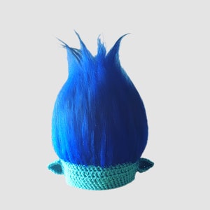 May include: A blue and green crocheted troll wig with a blue fuzzy hairpiece.