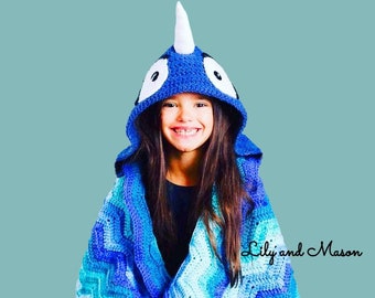Narwhal Crochet Pattern, Narwhal Blanket, Crochet Narwhal, Narwhal Hooded Blanket, Narwhal Hood, Unicorn Whale, Whale Crochet, Blue Crochet