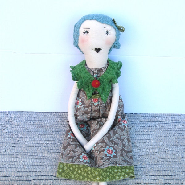 Isabella : Handmade Rag Doll - One of a Kind- 22 Inches - Recycled and Vintage Textiles - Aqua Blue Hair and Turquoise Eyes