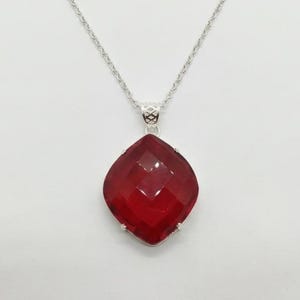 Red Ruby Pendant Necklace | Fancy Cut Burma Ruby 100-110 Carat Statement Jewelry | Sterling Silver Pendant | Silver Plated Chain Included