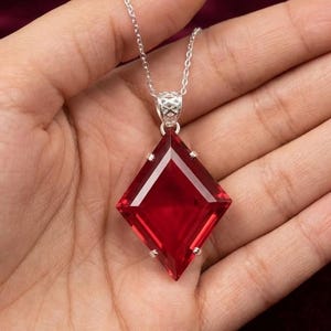 Kite Shape Red Ruby Necklace | 80-90 Carat Ruby Pendant | Faceted Polished Gemstone | Sterling Silver Jewelry | Unisex Statement Accessory