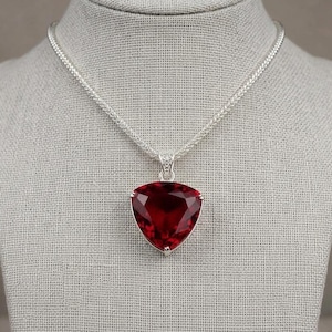 Red Ruby Pendant Necklace | Trillion Cut Burma Ruby 90-100 Carat Statement Jewelry | Sterling Silver Pendant | Silver Plated Chain Included