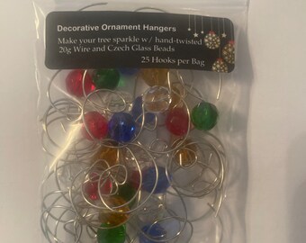 125 Silver Wire Ornament Hooks Hangers with 10mm colored glass Czech beads