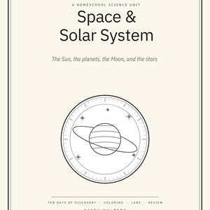 May include: A homeschool science unit titled Little Wonders Space & Solar System. The cover features black text on a cream background, a line drawing of a ringed planet, and the subtitle The Sun, the planets, the Moon, and the stars.