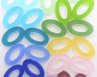 Frosted Sea Glass Oval Ring Pendants: Assorted Colors, Jewelry Making (31x20mm)