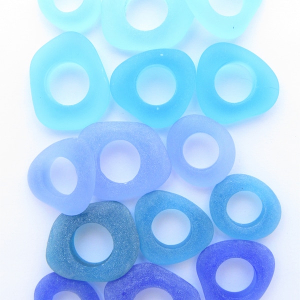 bead supply for making jewelry Cultured Sea glass PENDANTS free form Fancy RINGS 15 pc Assorted BLUE 18-23mm matte finish recycled glass