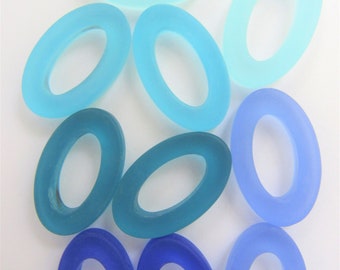 Cultured Sea Glass Connecter Pendants: Assorted Blue Oval Rings (10 pc) Seaglass crafts supply