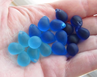 Cultured Sea Glass  Rounded Teardrop Pendants — Blues, Pink Purple 14x10mm - tip drilled