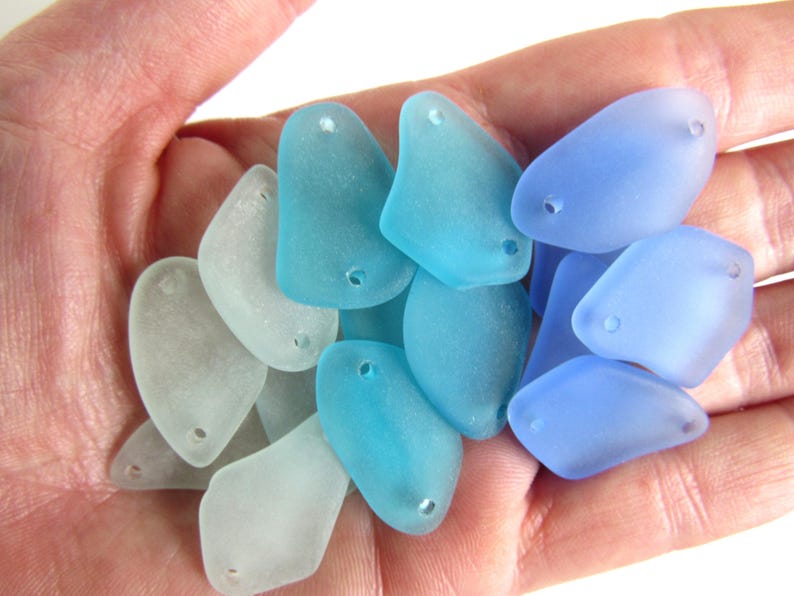 2 hole Cultured Sea Glass Pendant: 1" Double Hole Connector Bead Drilled Beach Glass Making Jewelry Supply Lt Blue