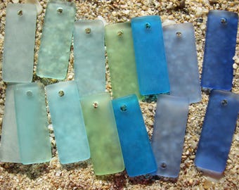 Cultured Sea Glass Pendants: 35x14mm Rectangle Aqua Blue Jewelry Making (7 Pair)