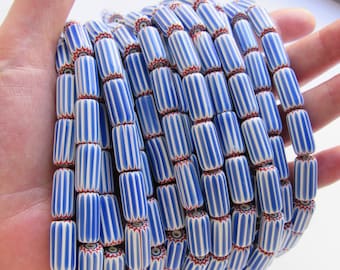 Glass Chevron BEADS Handmade 16x9mm Blue white layered CHEVRONS blue with red for making jewelry