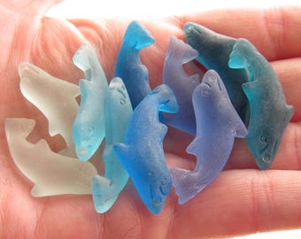 Glass Dolphin Charm Pendant:  Ocean Blue Colors, Top Drilled, Bead Jewelry Making Supplies, Cultured Sea Glass, Sea Life beads