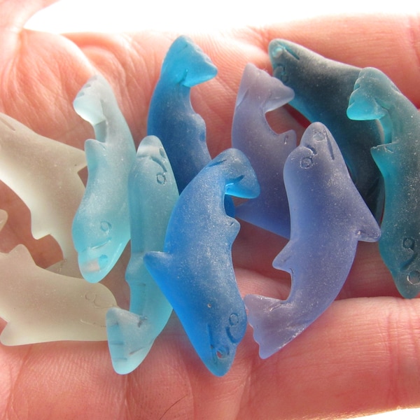 Glass Dolphin Charm Pendant:  Ocean Blue Colors, Top Drilled, Bead Jewelry Making Supplies, Cultured Sea Glass, Sea Life beads