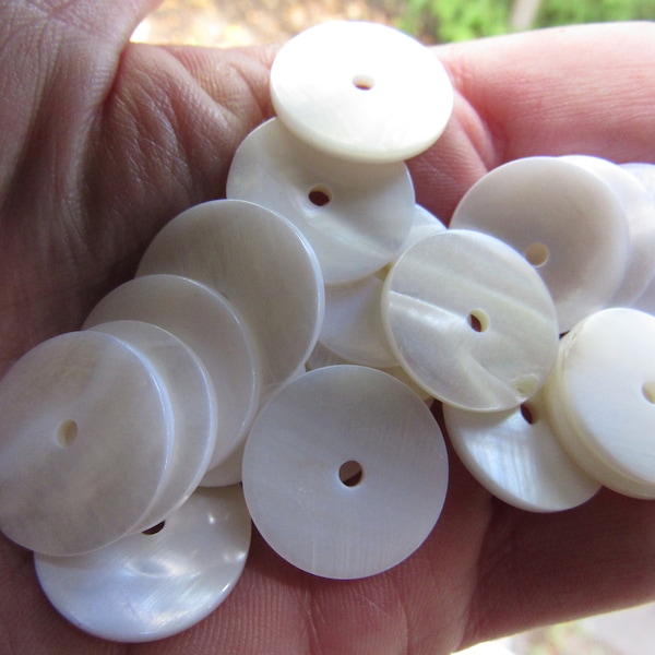 Natural White SHELL 20mm BEADS 2mm hole flat disk round center drilled hand polished bead supply