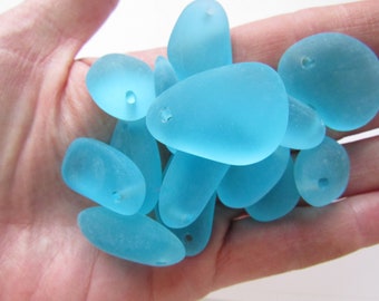 Cultured Sea Glass PENDANTS Pebble u-pick BLUE SEAFOAM frosted rounded free form Top Drilled large hole bead supply for making jewelry
