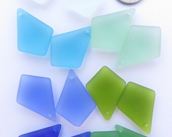 Cultured Sea Glass Pendants - 28x20mm Diamond shape - 7 Matched Pairs - 3 Color Mix Options -  top drilled