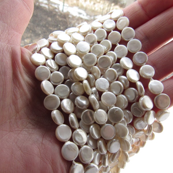 8mm Coin Freshwater PEARL BEADS Flat Round Warm White luster uniform bead supply for making jewelry