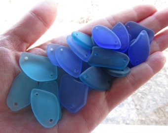 Assorted 24 pc Cultured Sea Glass PENDANTS with 2 holes Flat Free form connectors Aqua Blue bead supply for making jewelry
