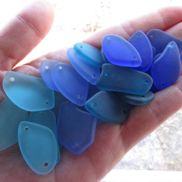 Assorted 24 pc Cultured Sea Glass PENDANTS with 2 holes Flat Free form connectors Aqua Blue bead supply for making jewelry