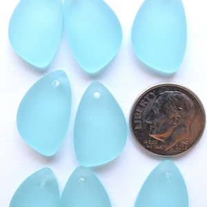 Teal Blue Sea Glass Pendants: Frosted Teardrop Beads (21x13mm)