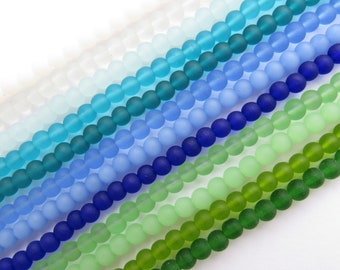 Cultured Sea Glass BEADS 4mm Round 12 Strands assorted Blue Green recycled bead supply making jewelry