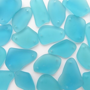 2 hole Aqua Sea Glass Pendants: 1-inch Recycled Frosted Recycled Glass Beads