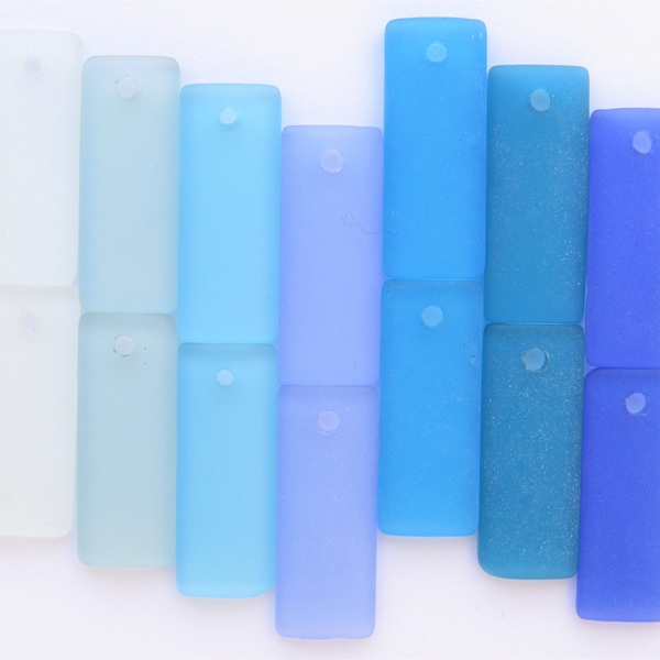 Cultured Sea Glass PENDANTS Rectangle 35x14mm 7 pair assorted Aqua Blue Top Drilled large hole for making jewelry