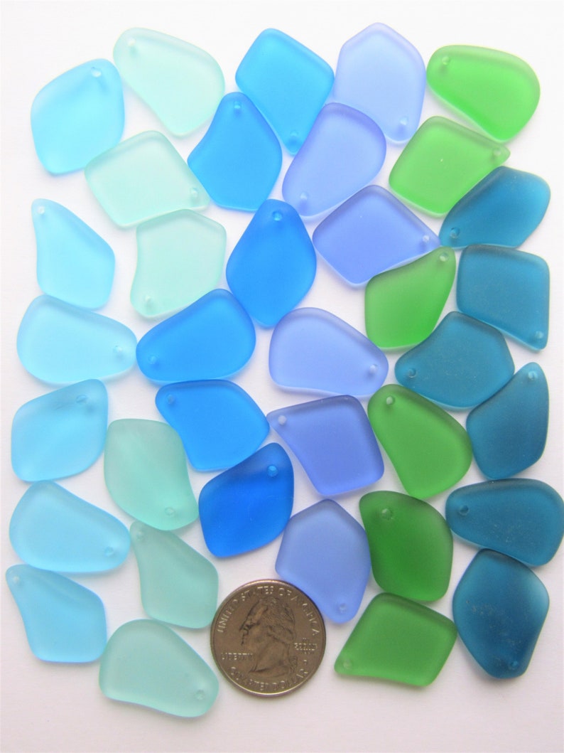 making Sea Glass jewelry PENDANTS 36 pc Aqua Green Teal Blue Top Drilled beads assorted colors