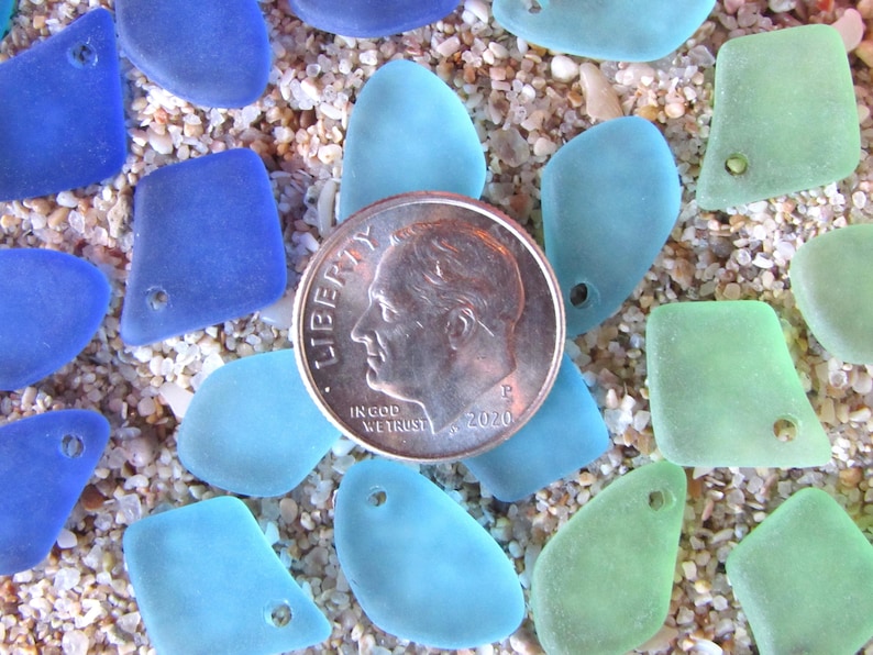 Cultured Sea Glass Pendants: flat 15mm predrilled Assorted Blue, Green, Pink Bead supply for making seaglass jewelry image 17