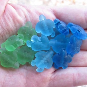 TURTLE BEADS 20x15mm assorted BLUE pairs cultured sea glass frosted large hole making cord beach jewelry bead supply