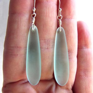 Handmade Sterling Silver Sea Glass Earrings: Long Frosted Autumn Green
