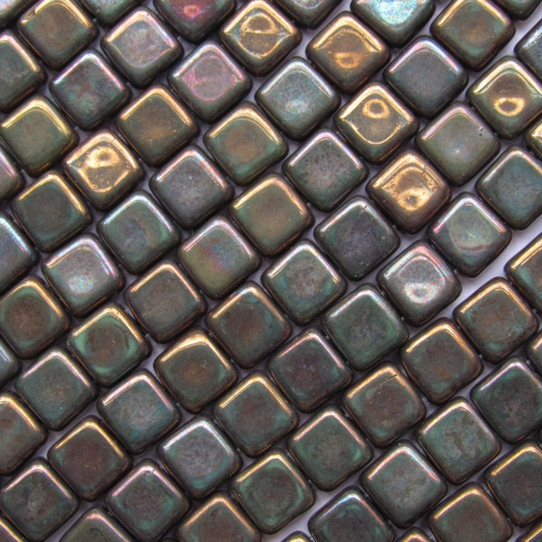 Genuine CzechMates BEADS 6mm Square flat Czech Glass 2 hole Tile bead 50 pc Oxidized Bronze Clay bead supplies