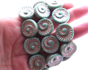 Czech Glass Fossil Beads: 19mm Turquoise with Platinum Wash