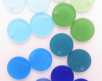 Bead Supply Cultured Sea Glass PENDANTS 25mm flat round BLUE GREEN 16 pcs Top Drilled Large 3mm Hole for making jewelry