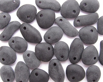 Cultured Sea Glass Pendants: Opaque Black, Frosted Top Drilled Pebble Bead Supply, Making Jewelry (15mm)