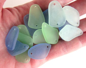 2 hole Cultured Sea Glass Pendant: 1" Double Hole Connector Bead Drilled Beach Glass Making Jewelry Supply