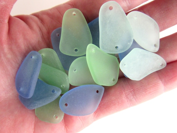 2 hole Cultured Sea Glass Pendant: 1" Double Hole Connector Bead Drilled Beach Glass Making Jewelry Supply