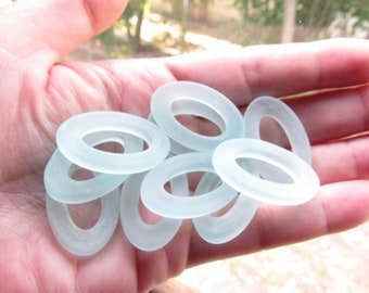 Aqua Blue Frosted Glass Pendants: Oval Ring Connector Beads (31x20mm) Craft Supply