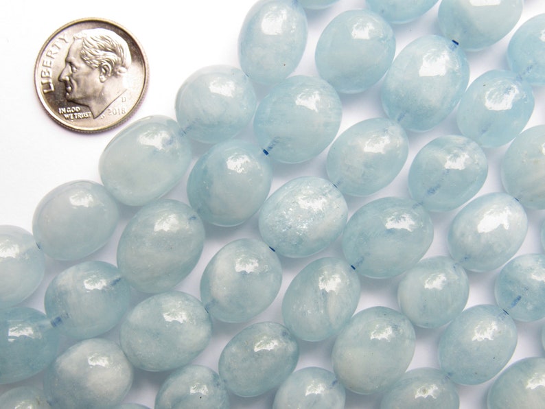 Natural Aquamarine BEADS Smooth 12-13 x10mm blue quality grade Gemstone bead strands