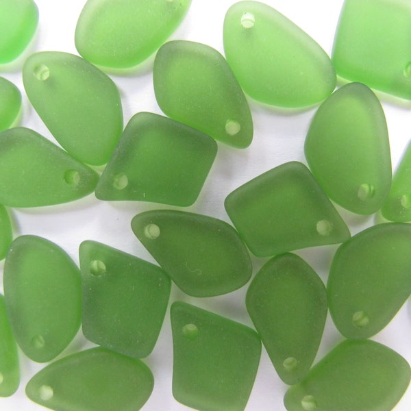 Cultured Sea Glass PENDANTS 15mm Shamrock DARK GREEN Top Drilled frosted Flat free form bead supply for making jewelry